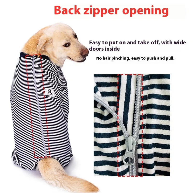 Thin striped four-legged dog shirt on a large breed dog, shown in sky blue, black dark blue stripe, and brown colour options.