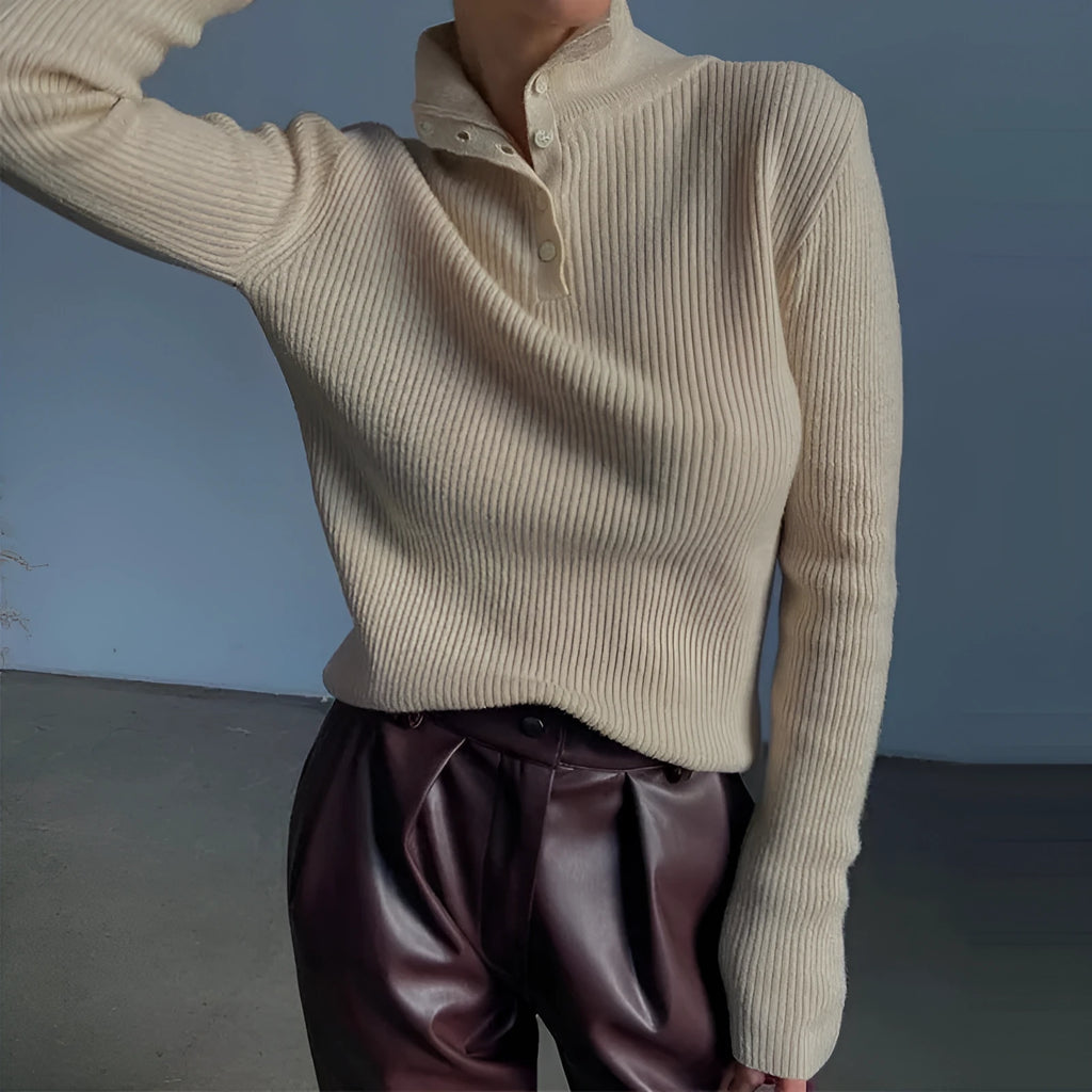 Retro breasted half turtleneck slim fit pullover sweater in silver grey or rice apricot.