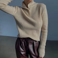 Retro breasted half turtleneck slim fit pullover sweater in silver grey or rice apricot.