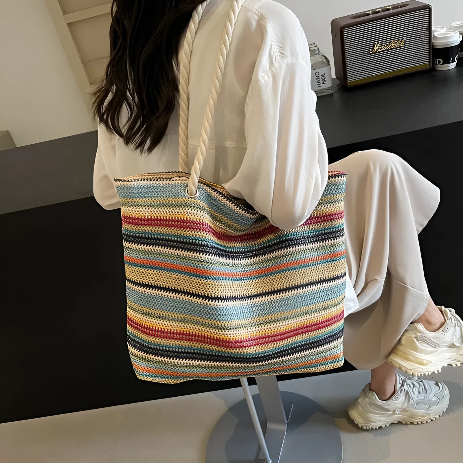 Blue straw woven nylon shoulder bag with polyester lining and single-shoulder strap