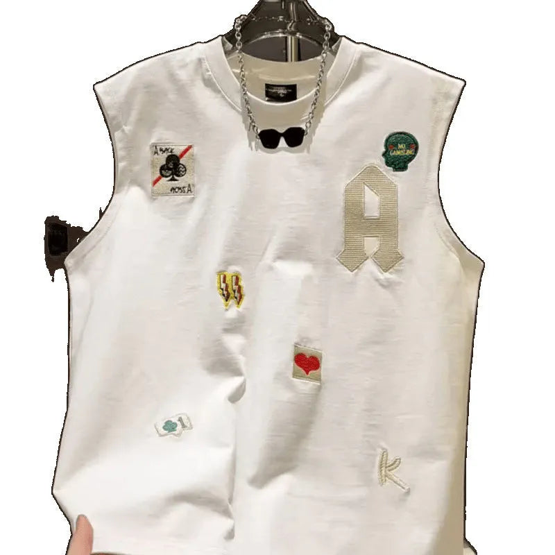 Men's white cotton sleeveless vest t-shirt with cartoon print design, loose fit
