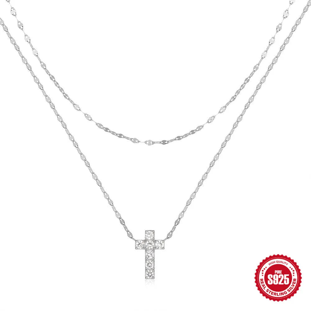 Sterling silver double layer cross pendant necklace with diamond cut treatment on clavicle chain