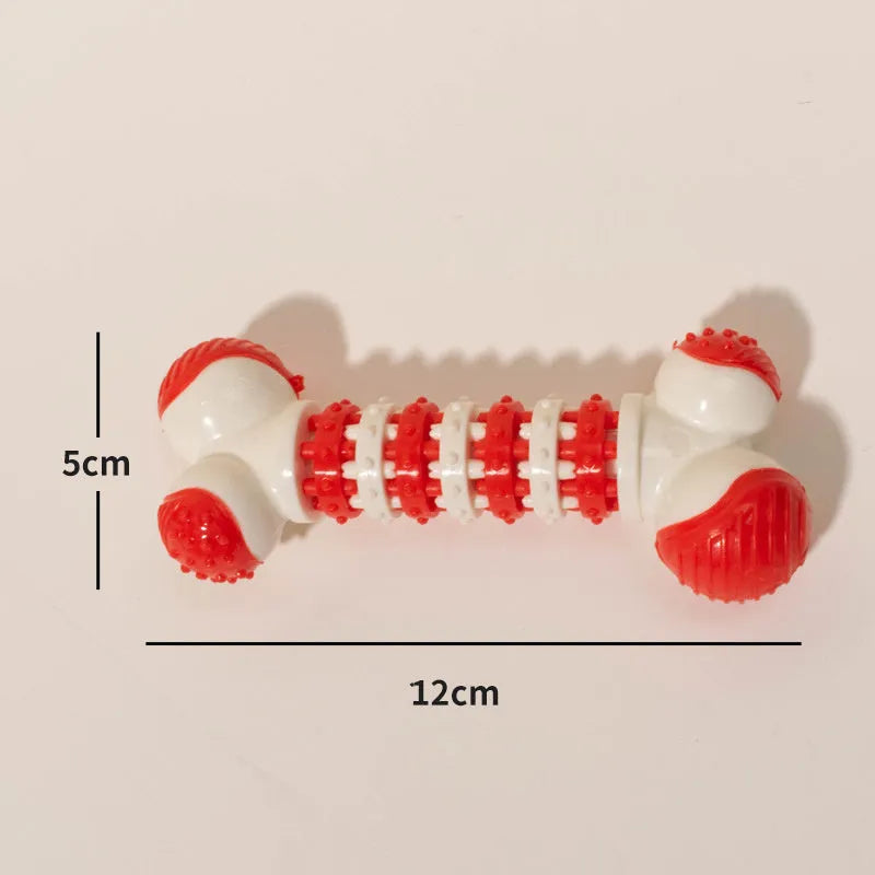 Blue bone-shaped interactive dog toy for small breeds with chewable ends and a central treat holder.
