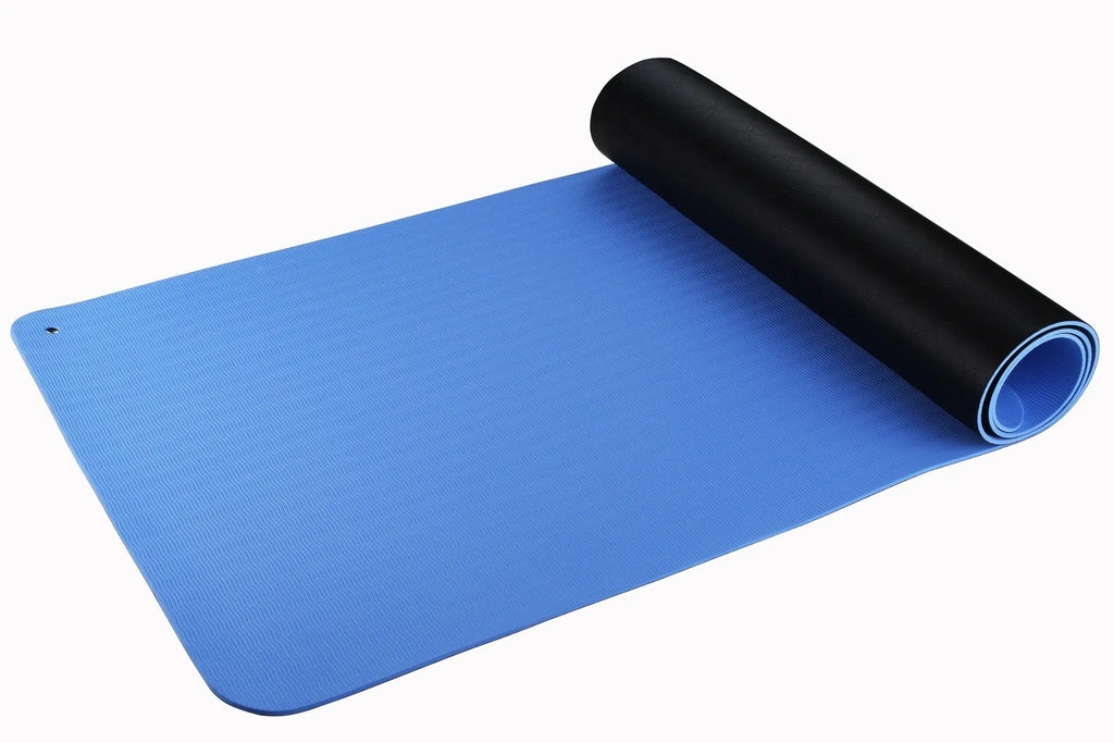 Blue conductive yoga mat with plant pattern and grounding wire, dimensions 182cm by 61cm.