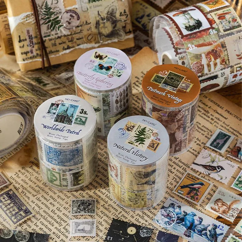 Roll of 55mm wide coated paper stamp for journal decoration with retro butterfly, forest, bird and mushroom designs