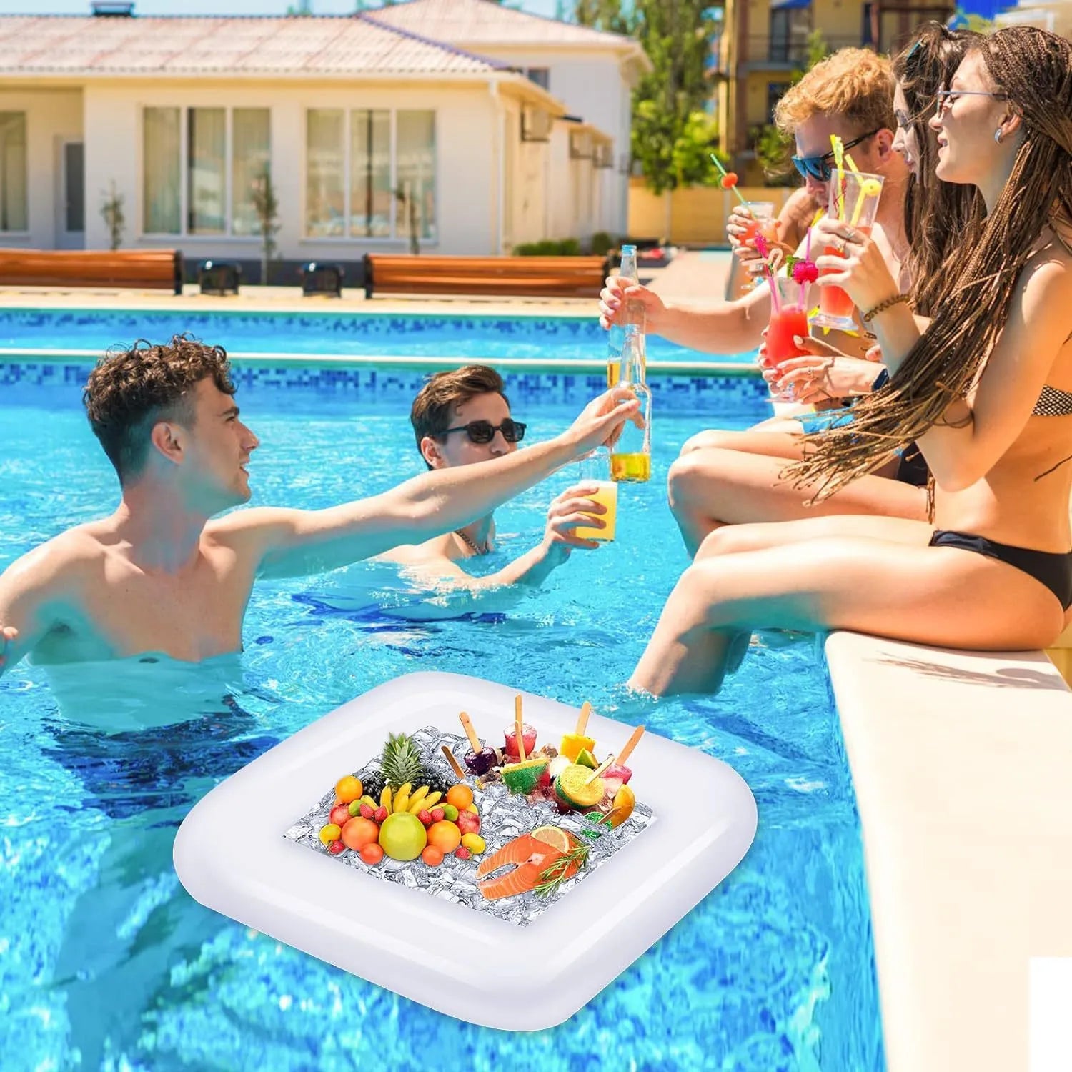 Inflatable PVC ice bar set for parties with yellow beer bucket and silver grey cup holders.