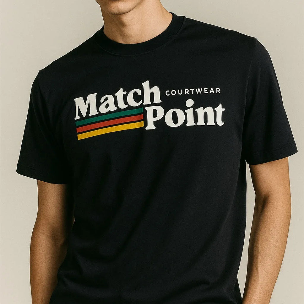 Black men's t-shirt with 3D digital printed text pattern, short sleeves and round neck