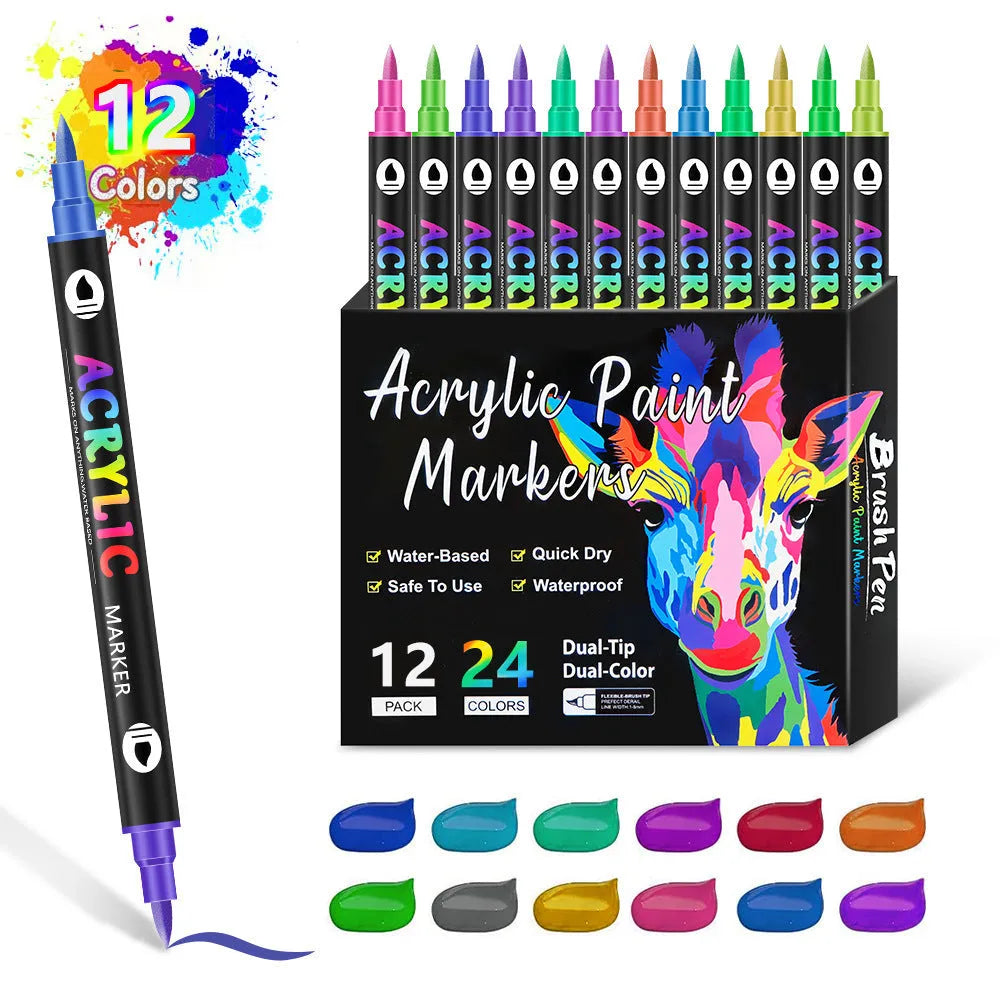 Set of double-headed acrylic marker pens with washable quick-drying ink in various colours