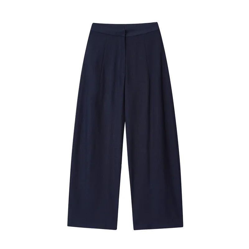 Women's linen blend off-shoulder flounced sleeve top with matching wide leg trousers suit
