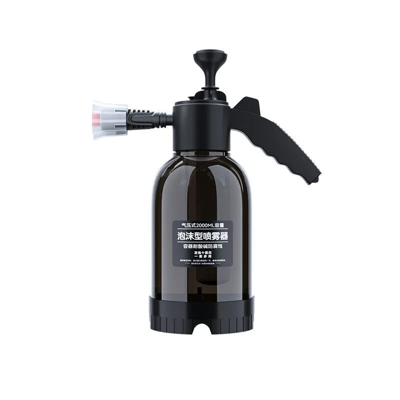Black 2L foam watering can spray bottle with ergonomic handle and switch lock for car and household use.