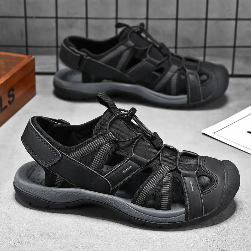 Men's blue and black casual sports shoes with Velcro closure and mesh upper