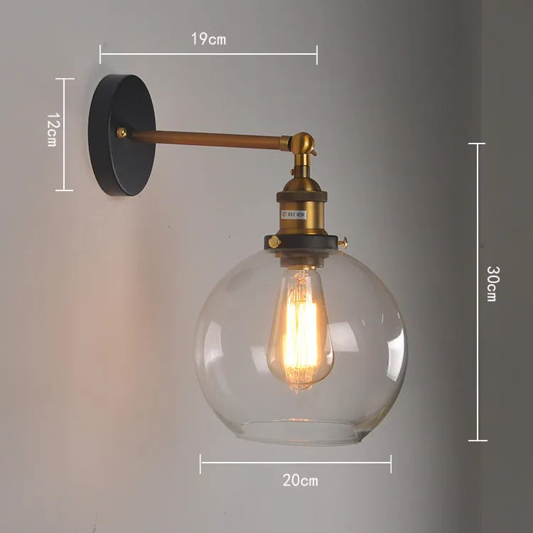 20cm retro round ball glass wall lamp with aluminium holder in transparent, amber or smoke grey