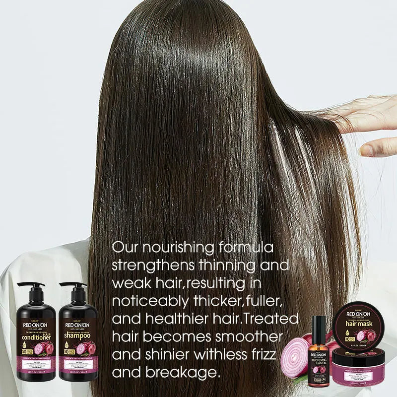 Red Onion hair care set showing four bottles: shampoo, conditioner, hair mask, and essential oil.