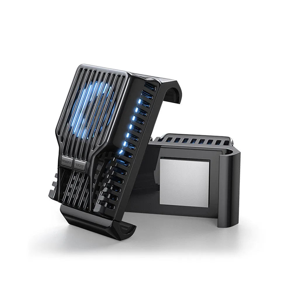 Black mobile phone radiator with clip design showing ceramic cooling surface and aluminum construction