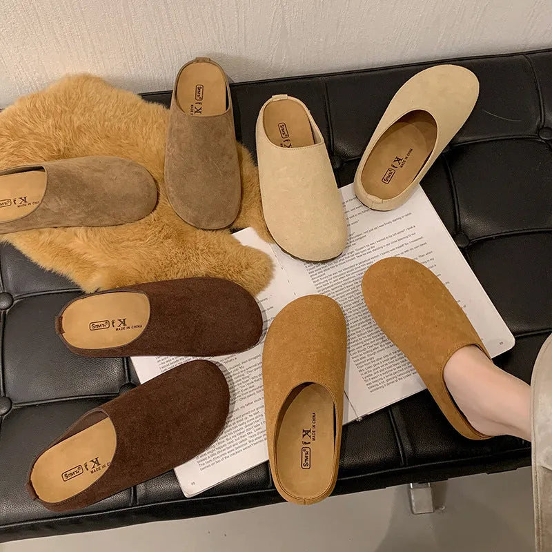 Korean-style outdoor slip-on slippers in apricot colour with square toe and microfiber construction
