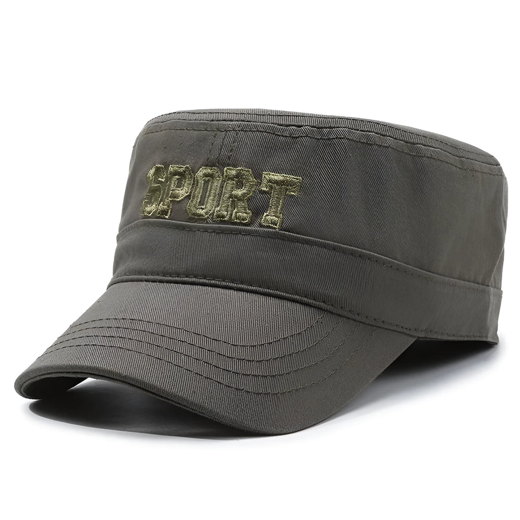 Men's flat-top peaked cotton cap in army green with adjustable strap and English letter detail
