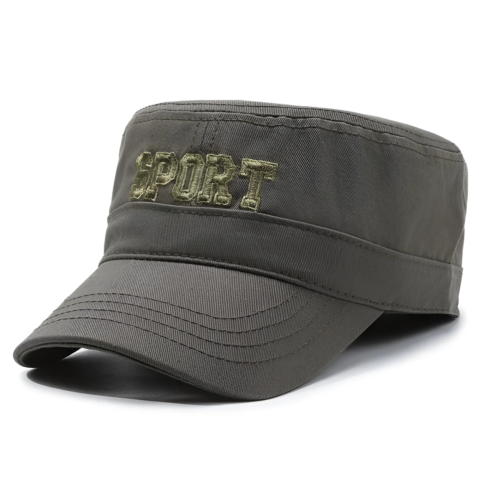 Men's flat-top peaked cotton cap in army green with adjustable strap and English letter detail