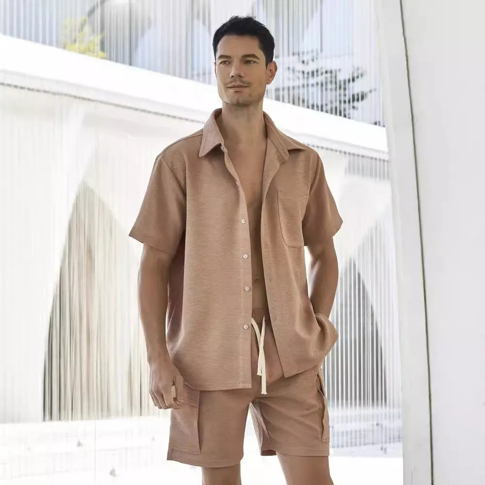 Women's casual two-piece set with short sleeve top and elastic waist shorts in beige.