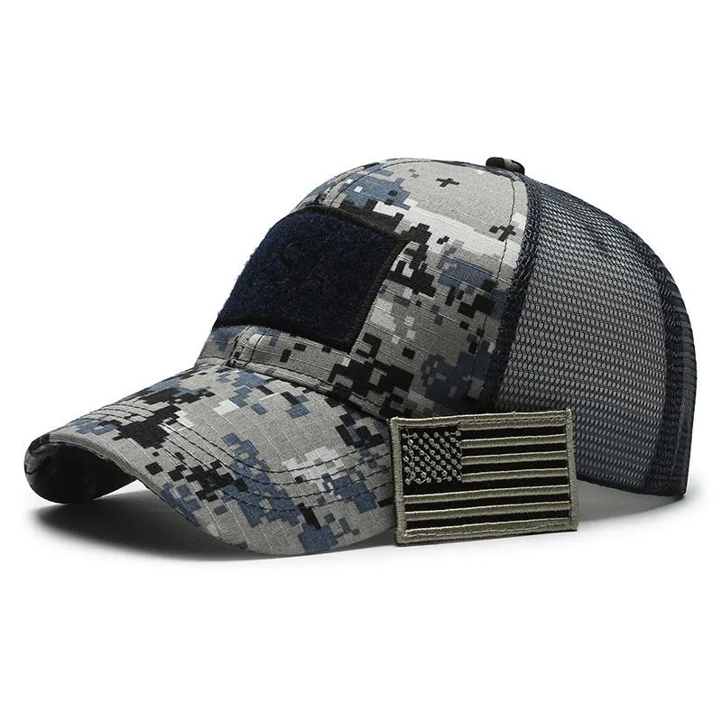 Tactical camouflage baseball hat with machine-embroidered patterns and adjustable sizing strap