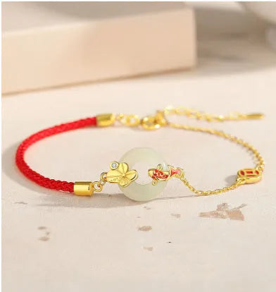 925 silver koi peace buckle bracelet with gold electroplating and red rope for women