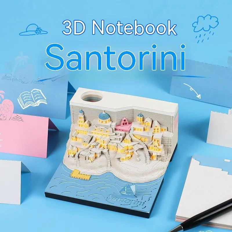 Romantic Santorini 3D notepad paper carving building model with lighting on desk