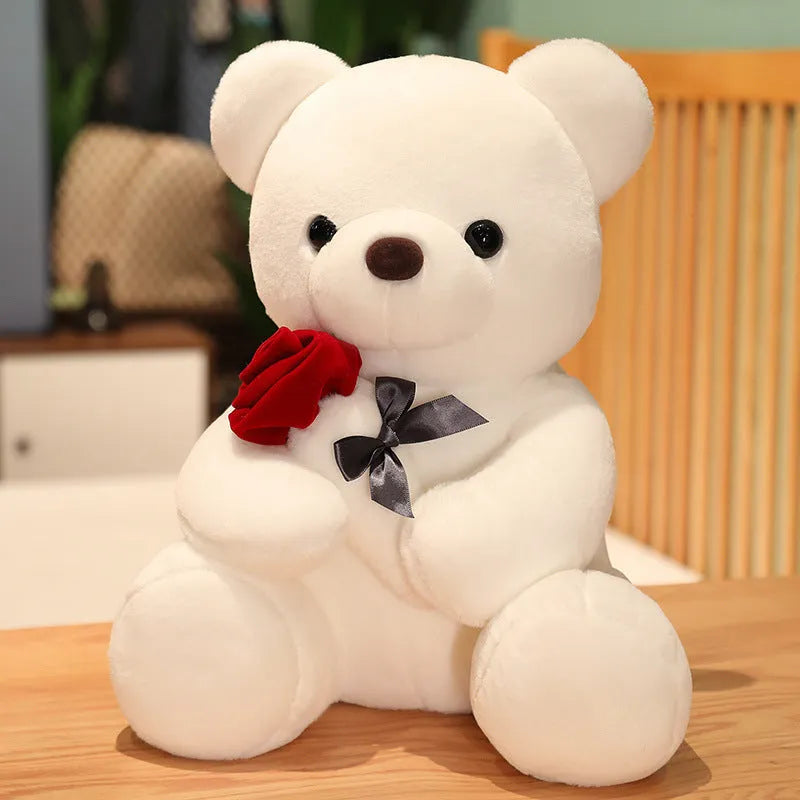 Rose teddy bear plush pillow stuffed animal doll in beige, brown or grey colours, shown in 23cm to 45cm sizes.