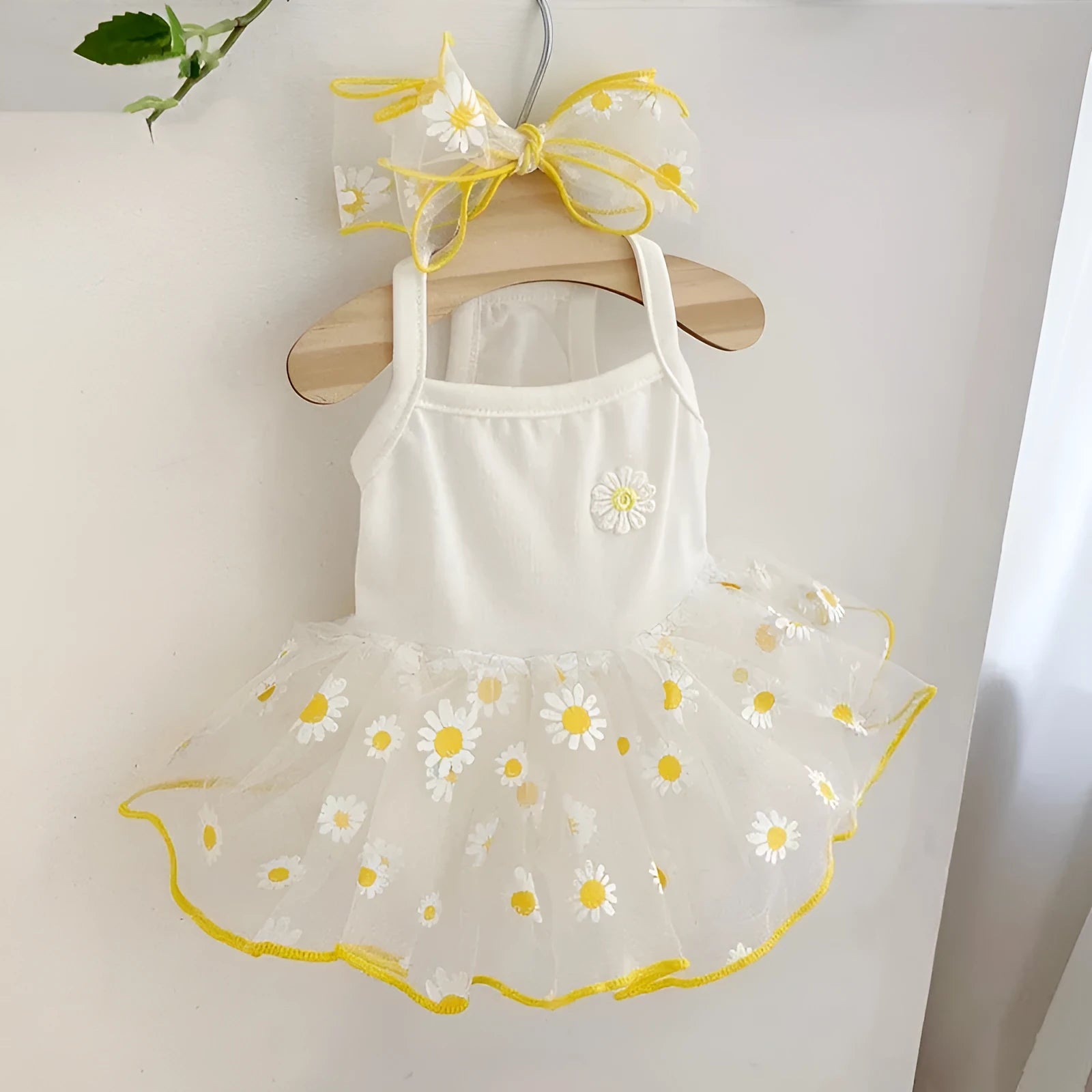 Yellow daisy pattern dog clothes on pet, lightweight polyester summer outfit