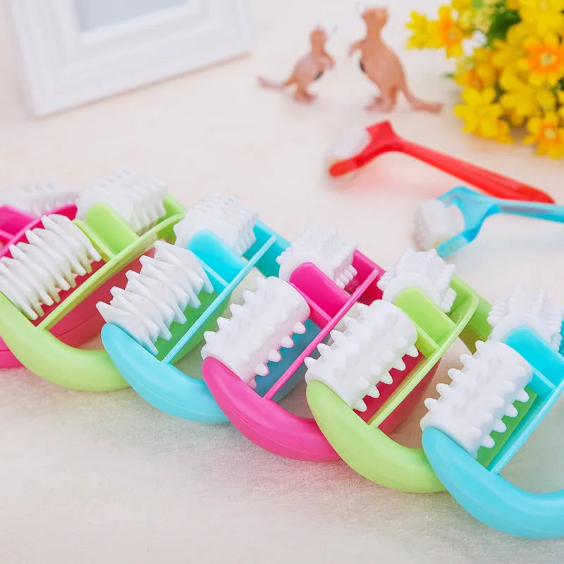 Handheld anti-cellulite massager roller with TPE dot wheels in blue colour on white background