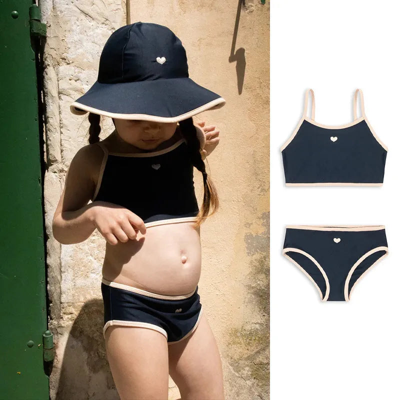 Dark blue split pattern baby swimsuit for girls with briefs style construction