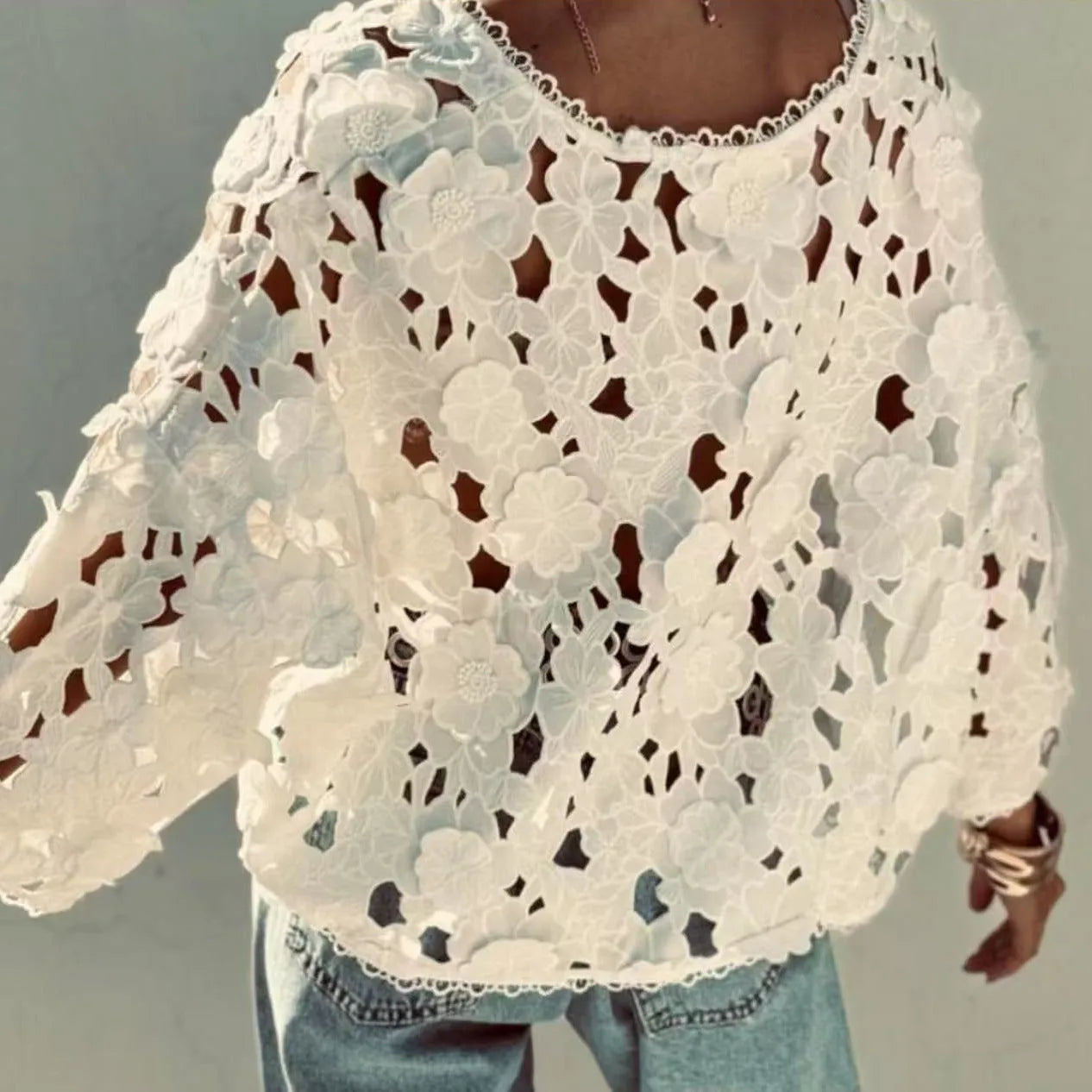 Women's loose black polyester lace cardigan with V-neck and 3D lace flower decoration.