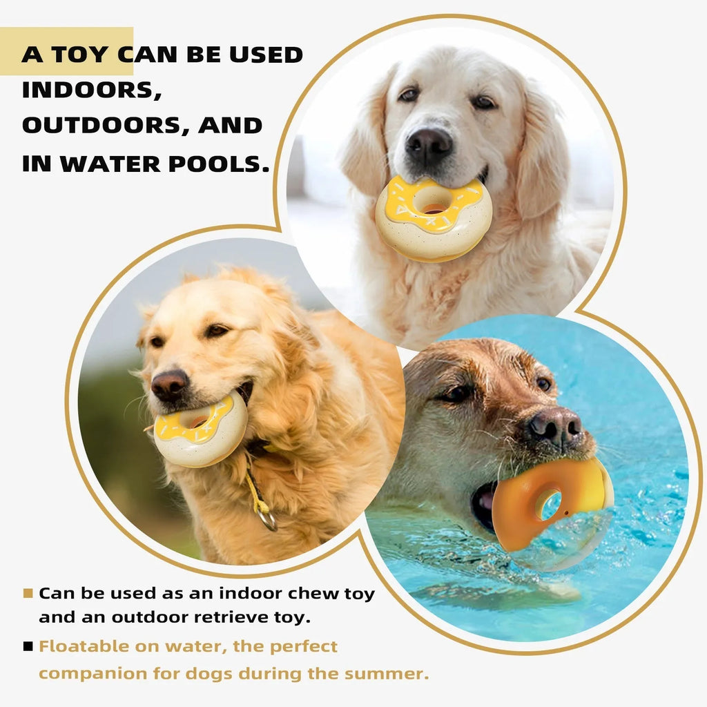 TPR molar cleaning donut dog toy in pink, chocolate and yellow colours showing textured surface