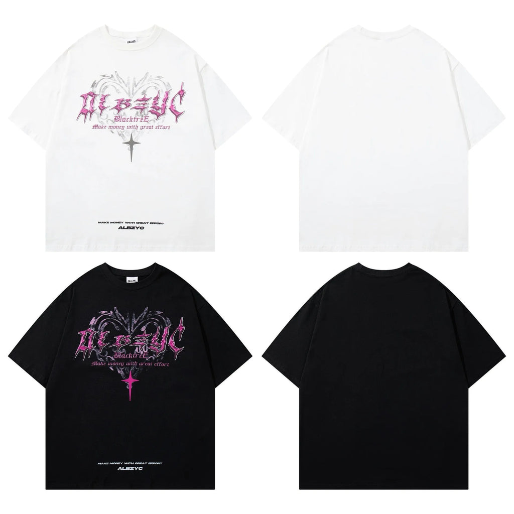 Men's black and white retro printed cotton t-shirt with loose fit and short sleeves
