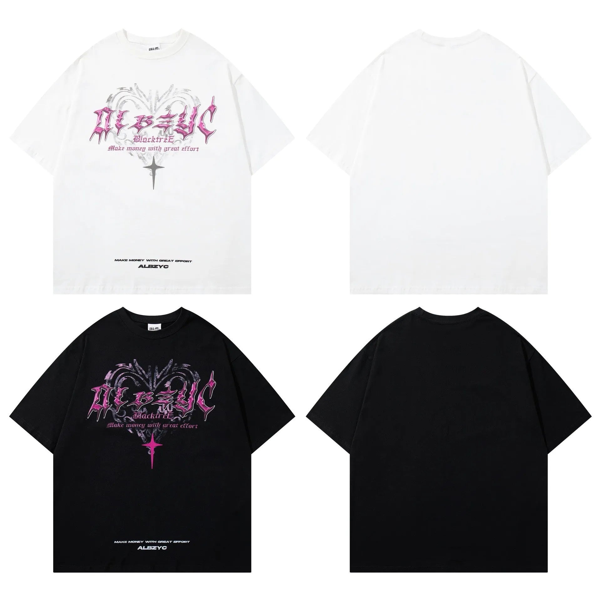 Men's black and white retro printed cotton t-shirt with loose fit and short sleeves