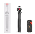 Black octopus-style flexible tripod with mobile phone clip extended on a table.