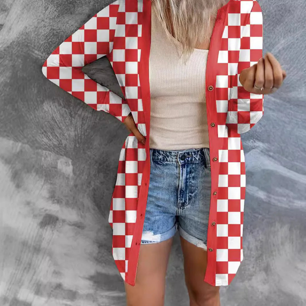 Women's long plaid knitted cardigan coat in street fashion style with loose fit