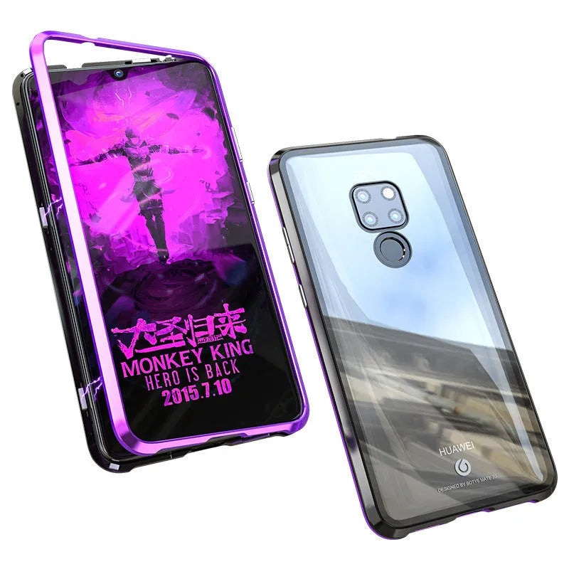 Black magnetic Huawei phone case with metal frame and clear tempered glass back