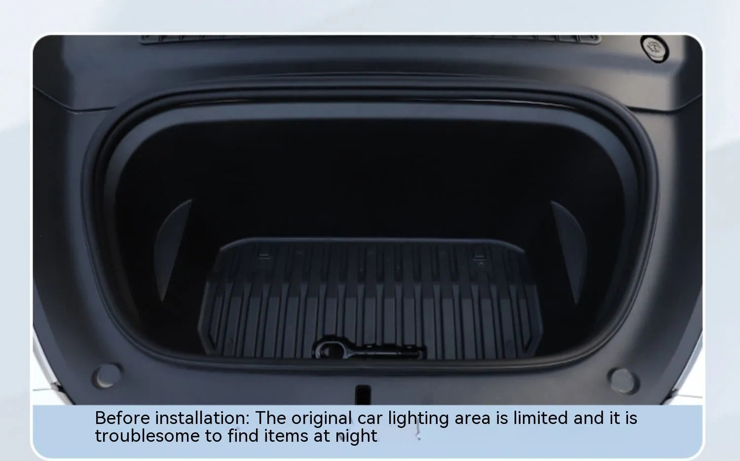 Tesla Model 3 Model Y front standby box ambient lighting kit showing soft silicone light bar