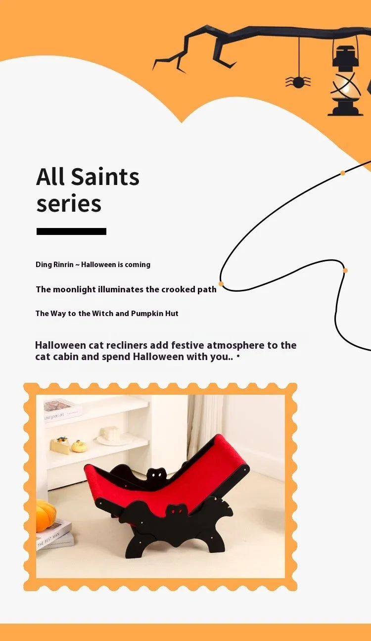 Solid wooden cat lounge chair with bat-wing Halloween design in black and red colours