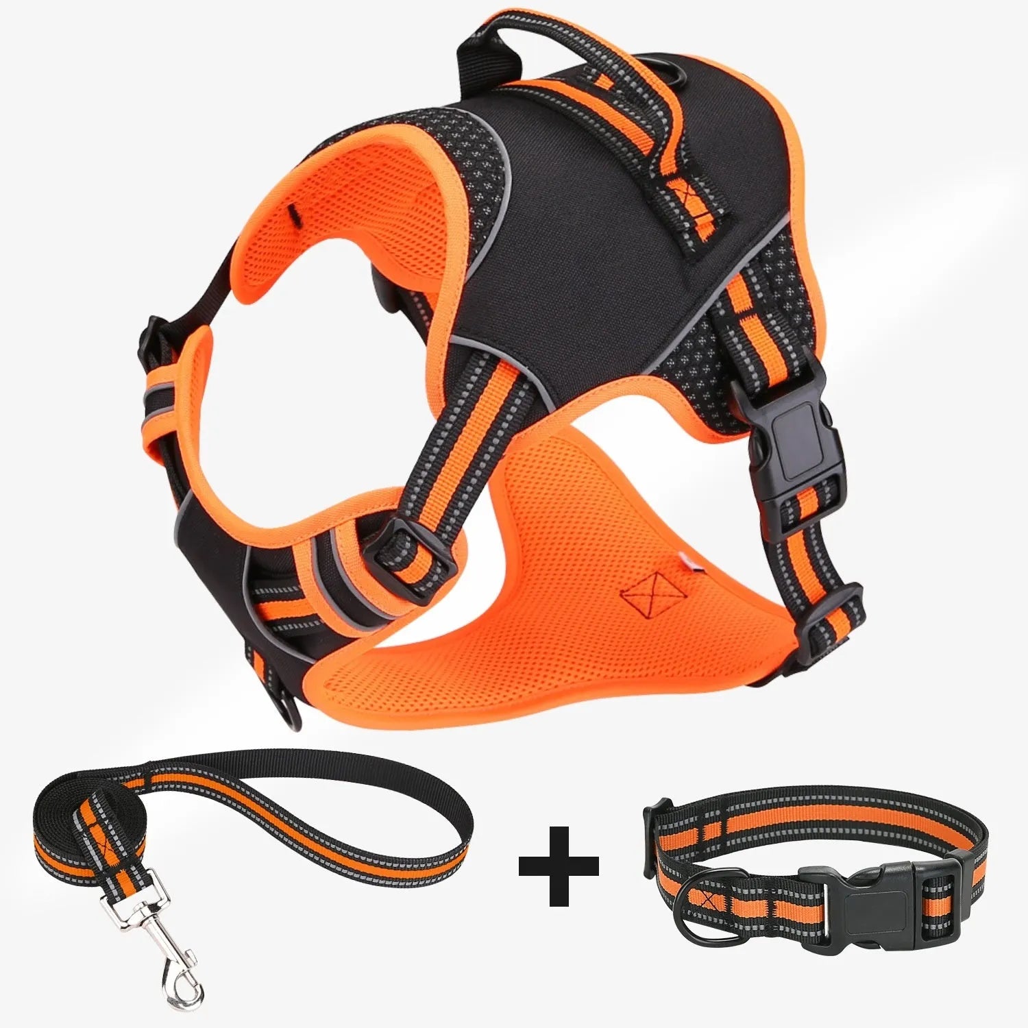 Orange polyester dog harness with metal buckle shown on adjustable strap for outdoor walking