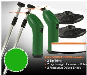 Cordless handheld lawn trimmer with extension pole and protective shield on green grass