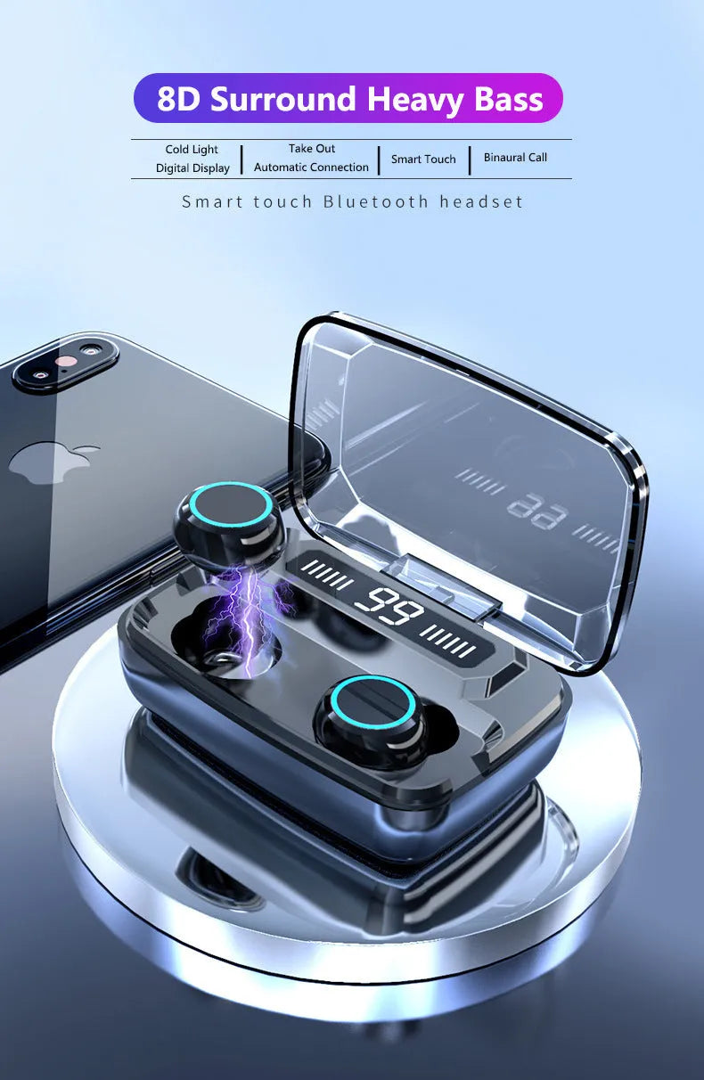 Black M11 wireless Bluetooth headset with digital power display and charging compartment
