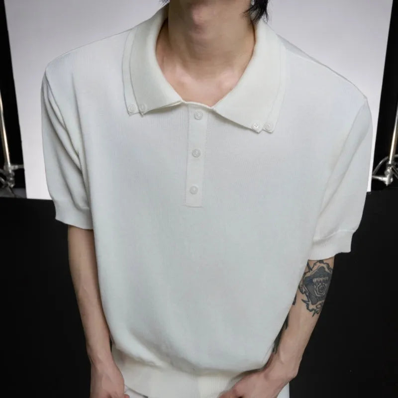 Men's black double collar polyester short sleeve shirt with loose fit design