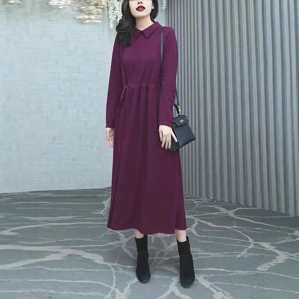 Purplish red women's long sleeve dress with extra long sleeves and long skirt, plus size options