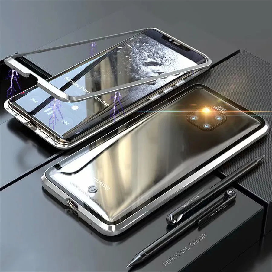 Black magnetic Huawei phone case with metal frame and clear tempered glass back