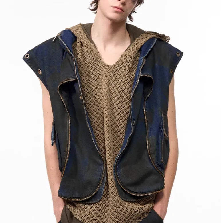 Blue Korean style hooded denim vest coat and matching trousers set on a hanger