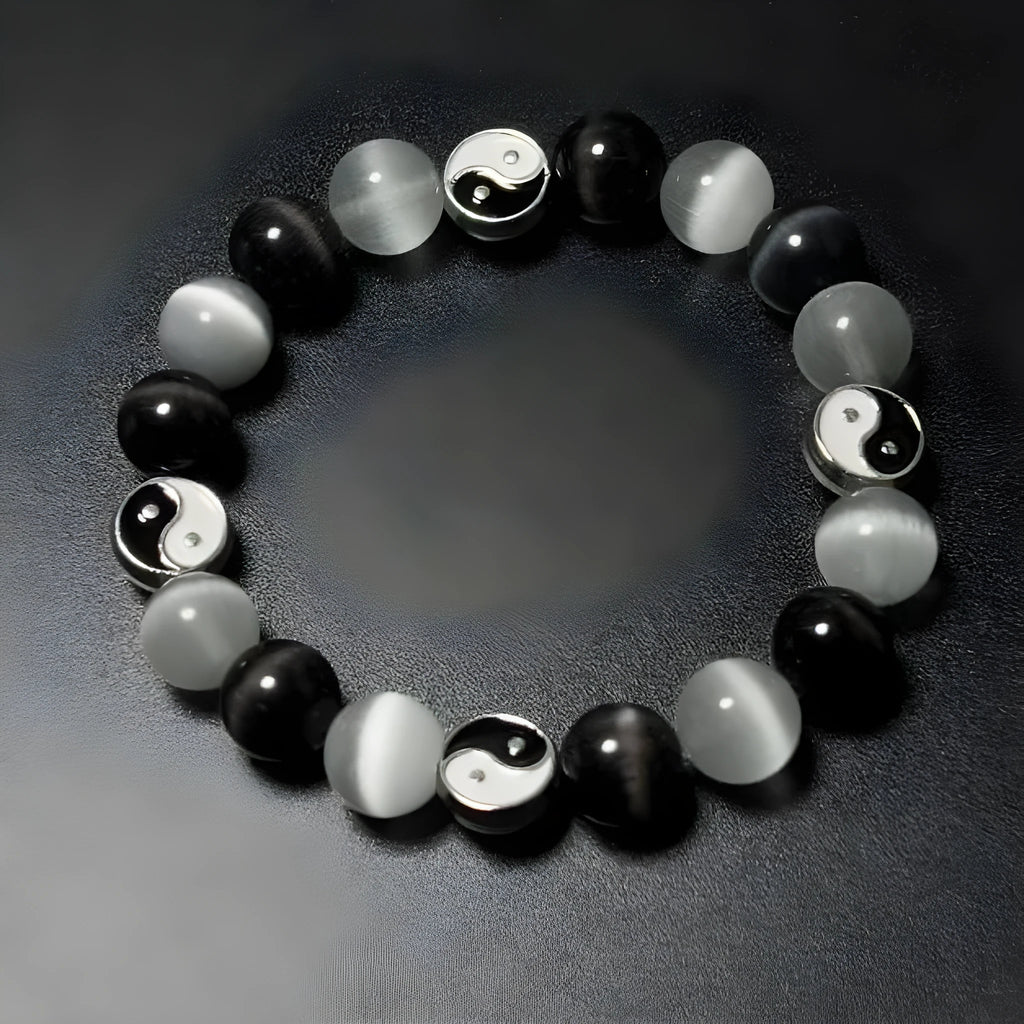 10mm natural opal Tai Chi bracelet with black agate ornamental elements in Chinese style