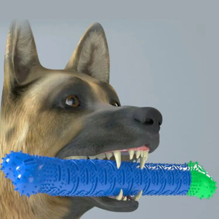 Blue-green silicone dog tooth cleaning stick with brush hair core measuring 25cm long