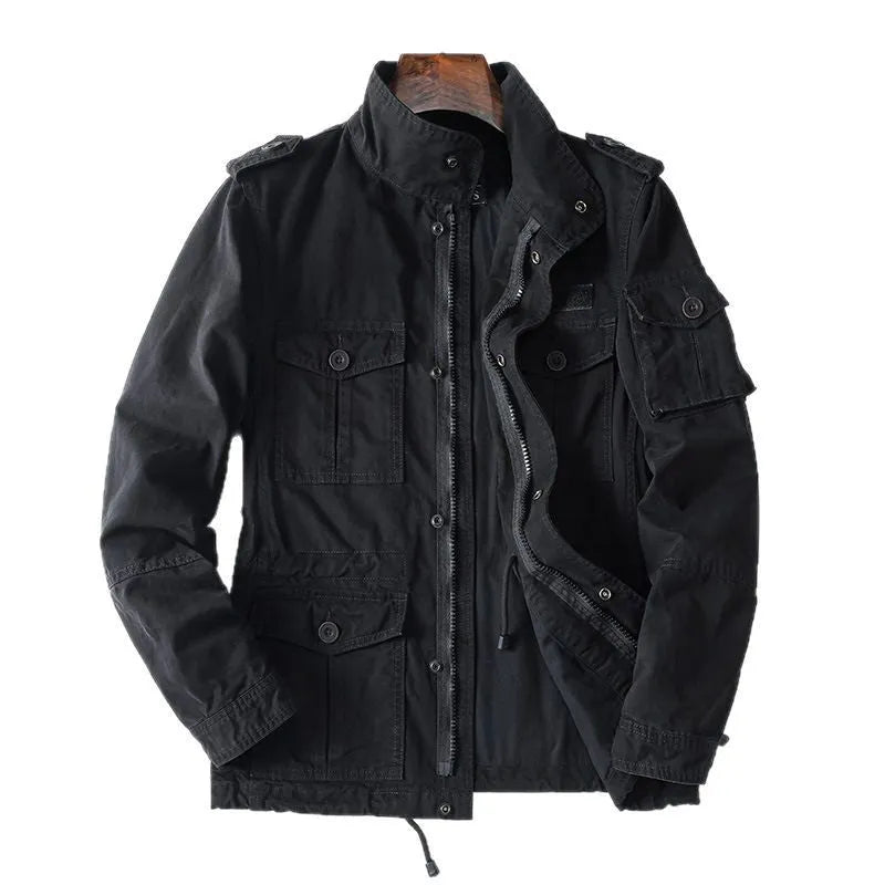 Men's loose fit cotton twill jacket in light army green, shown with zip-up front.