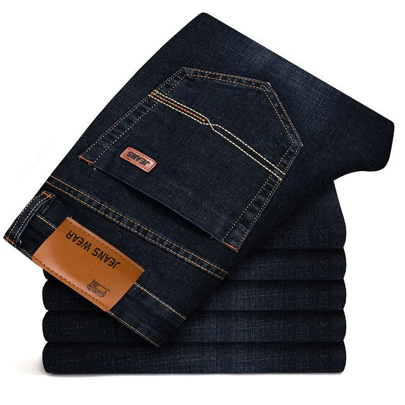 Men's slim fit elastic straight jeans in black cotton denim, full length view