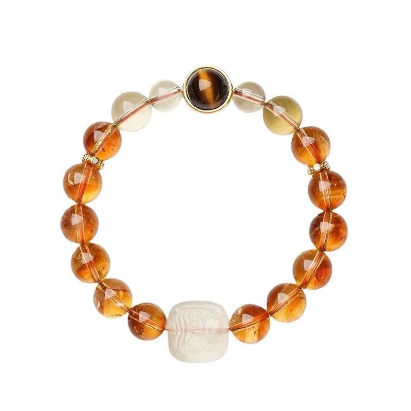 Women's carved citrine ethnic bracelet with 10mm geometric crystal beads